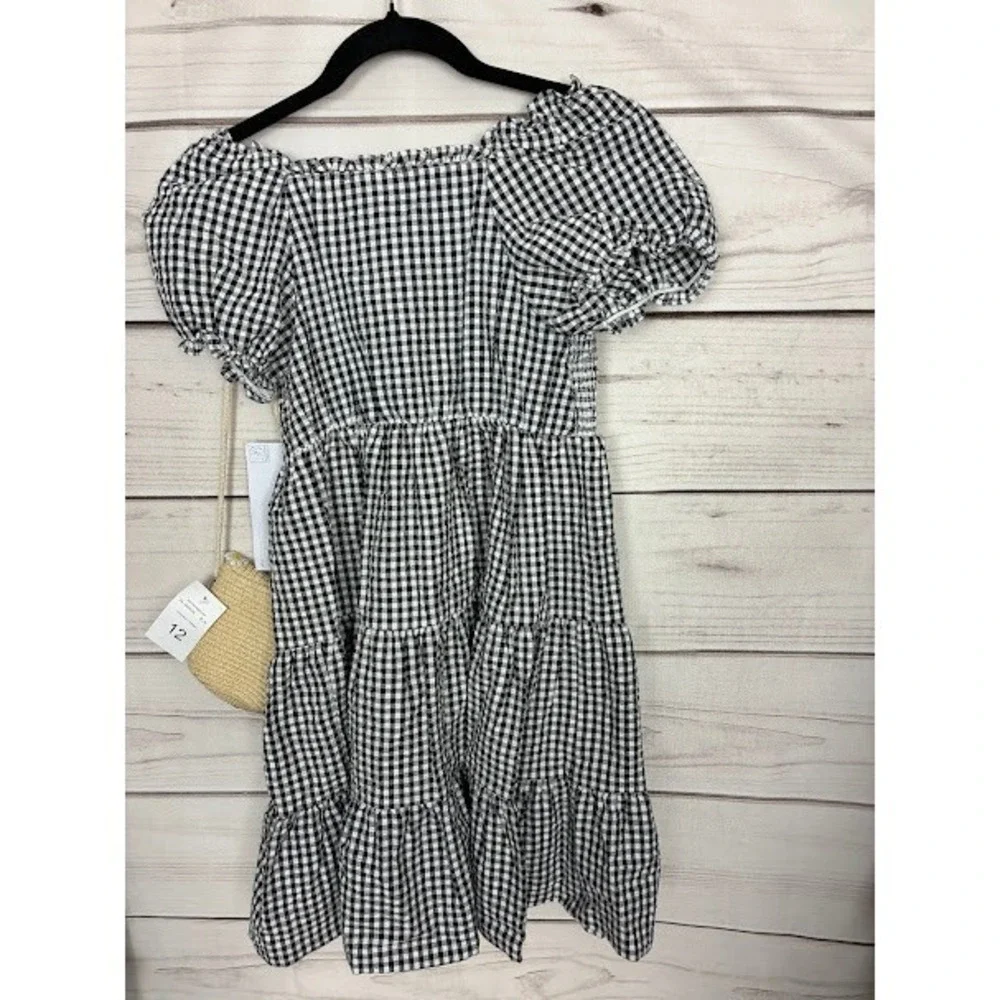 Bonnie Jean Girls Gingham Smocked Tiered Dress with Daisy Trim & Purse Size 12